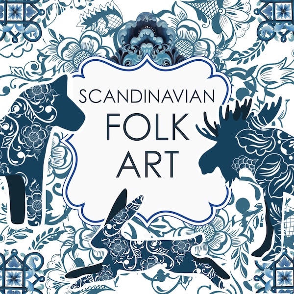 Scandinavian Folk Art Clip Art Bundle: Nordic Design Elements (Digital Download)