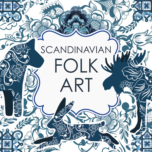 Vintage Scandinavian Folk Art Clip Art Bundle, Traditional Nordic Art Elements, Scandinavian Folklore, Nordic Folk Art Design Elements