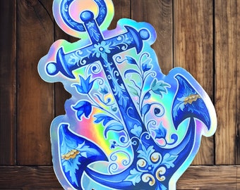 Nautical rosemaling Anchor of Hope Holographic Sticker, nautical wedding, nautical baby shower, nautical wedding favors, beach wedding,