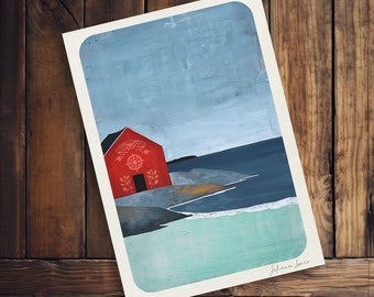 Nordic Folk Art Print: Red Boat House Coastal Seascape