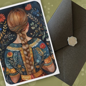 Un juego de tarjetas de felicitación hechas a mano con motivos tradicionales y dulces de arte popular "Folk Blossom", tarjeta de felicitación adornada con sobre, arte popular campestre