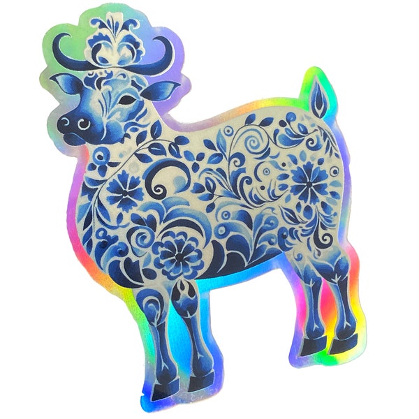 Blue Rosemaling Cow hologram sticker, folk art cow sticker, country wedding, country wedding favors, country baby shower, farm baby shower