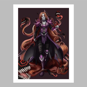 May include: A woman with long red hair stands in a dark purple and black outfit, holding a sword. She is surrounded by several black and red snake-like creatures with sharp teeth.