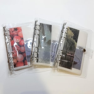 May include: Three clear plastic ring-bound planners with metal spines. Each planner features a unique photographic insert on the cover, including a cluster of peaches, palm tree fronds, and a willow tree by water, all labeled with the text JANUARY.