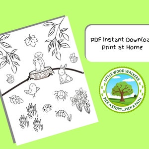 May include: Black and white printable coloring page featuring a woodland scene with a squirrel, rabbit, bird, ladybug, spider, flowers, leaves, and bees. The page is titled "Little Wood Walkers Pick a Story...Pick a Path".