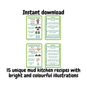 May include: A set of 15 printable mud kitchen recipe cards with bright, colourful illustrations. Each card features a different recipe, such as "Wicked Witch Broth" and "Bird Breakfast Biscuits", with a list of ingredients and instructions. The cards are perfect for encouraging imaginative play and outdoor fun.