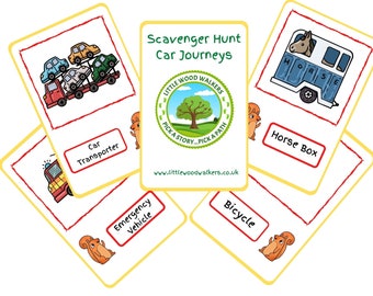 May include: Five colorful cards with illustrations of different vehicles. The cards are part of a scavenger hunt game called "Car Journeys" by Little Wood Walkers. The cards feature a car transporter, a horse box, an emergency vehicle, a bicycle, and a tree with the text "Pick a story... Pick a path".
