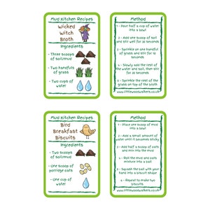 May include: Two illustrated recipe cards for making mud kitchen recipes. The first card is green with a witch illustration and instructions for making "Wicked Witch Broth". The second card is green with a bird illustration and instructions for making "Bird Breakfast Biscuits".