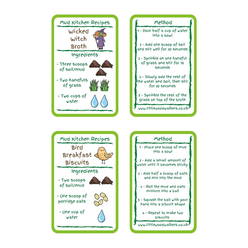 May include: Two illustrated recipe cards for making mud kitchen recipes. The first card is green with a witch illustration and instructions for making "Wicked Witch Broth". The second card is green with a bird illustration and instructions for making "Bird Breakfast Biscuits".