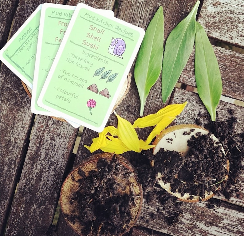 May include: A set of four green cards with instructions for making a snail shell sushi dish using mud and natural materials. The cards are laid out on a wooden surface with a pile of dirt, yellow flower petals, and green leaves.