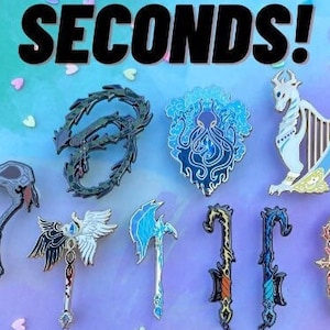 May include: A collection of nine enamel pins featuring various designs, including a kraken, a harp, a skull, a bird, a sword, and a bow and arrow. The pins are all in different colors, including blue, green, black, white, and gold. The pins are arranged in a row on a blue and purple background with hearts scattered around them. The text "SECONDS!" is written in black letters at the top of the image.