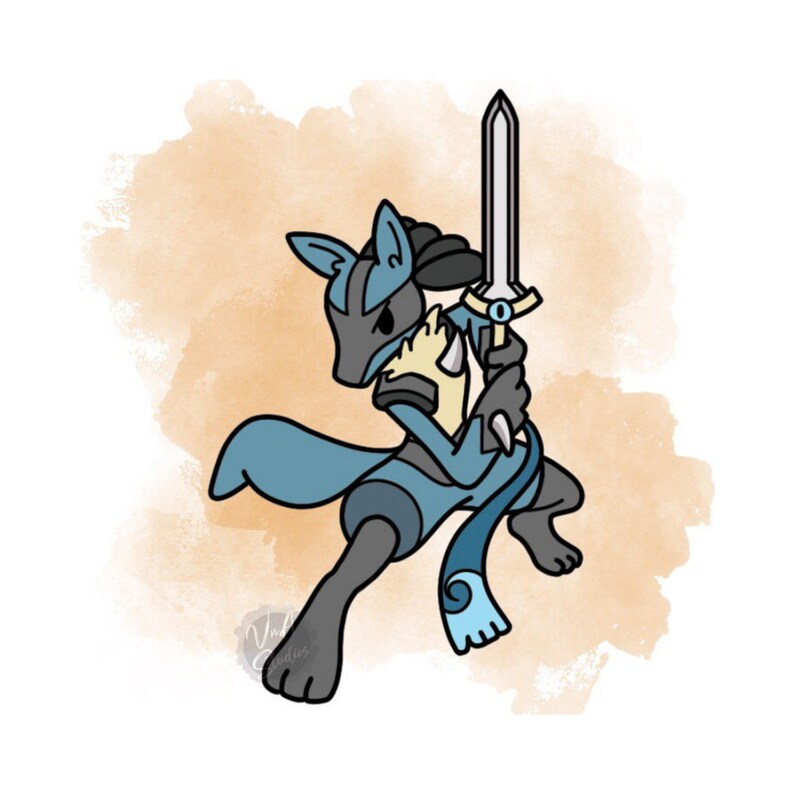Peut inclure: Un personnage de dessin anim&eacute; bleu et marron avec une &eacute;p&eacute;e, portant une cape bleue et une &eacute;charpe bleu et blanche. Le personnage se tient sur un fond brun clair.