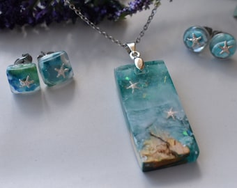 Handmade Beach and Starfish Necklace and Earring set, real wood and resin jewelry,  beach jewelry, summer jewelry, unique