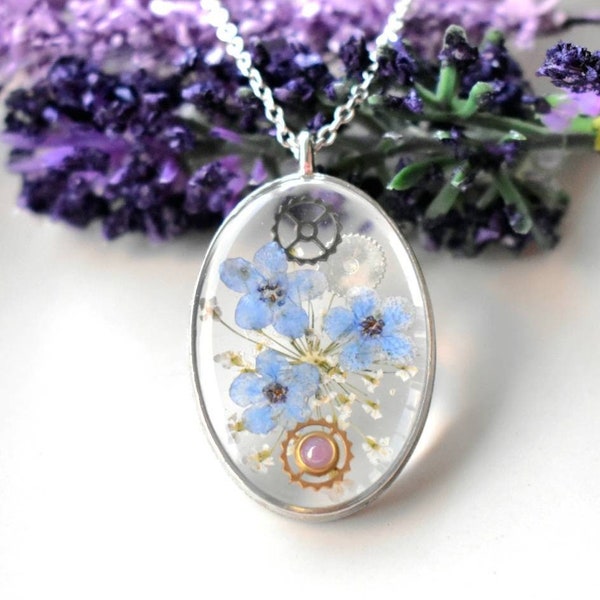 Handmade Pressed Flower Necklace, Steampunk Gears and Real Forget Me Not Flowers Preserved In Resin, Floral Gift For Her, Customizable