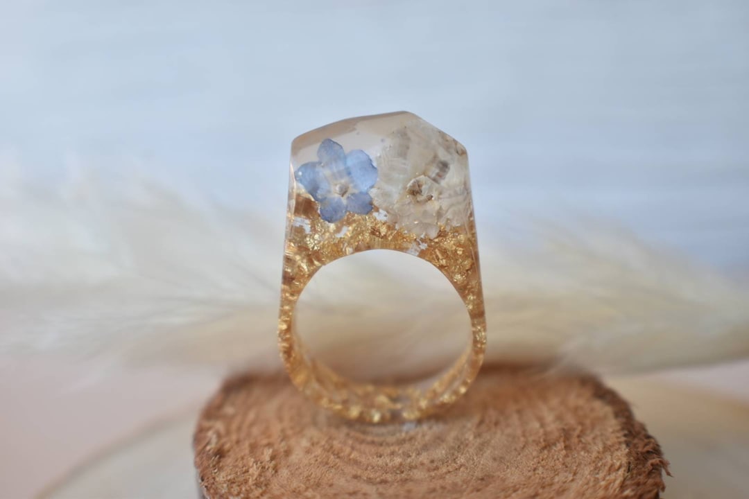 Pressed Flower Resin Ring Real Pressed Me Nots and Star Daisy