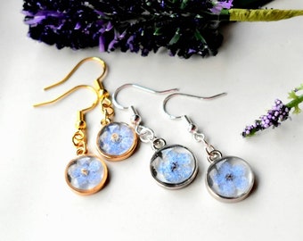 Handmade Real Pressed Flower Sterling Silver Dangle Earrings Gift for her Preserved Blue Forget Me Not Earring Resin Jewelry Keepsake Gift