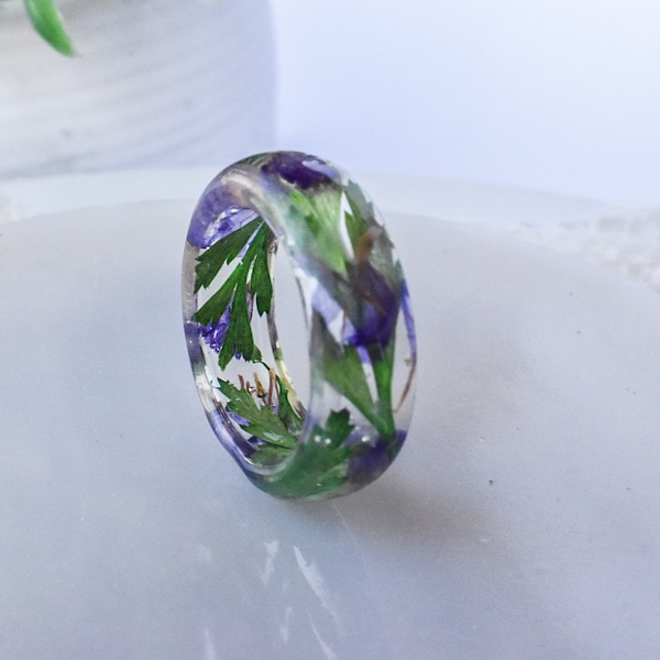 Natural Dried Purple Sea Lavender and Green Leaves Resin Ring, Handmade Nature Inspired Gifts for her, Pressed Flower Ring Color Options