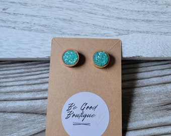 Teal wooden stud earrings