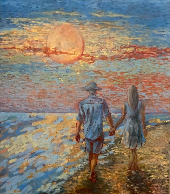 シースケープサンセットファミリー印象派油絵女性男性ウォールアート 