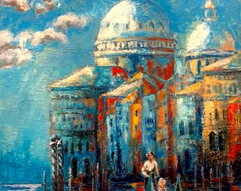 May include: A painting of a canal in Venice, Italy. The painting features a gondola with two people in it, a large building with a dome, and a blue sky with white clouds.