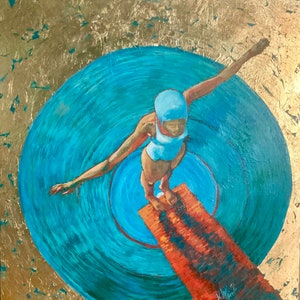 PISCINA VERANO DORADO Pintura al óleo |  Saltando mujeres nadadoras