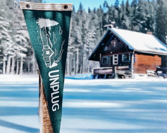 Unplug Pennant | Travel Felt Pennant Flag Banner | Vintage Camping & Hiking Style | Wall Decor
