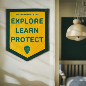 May include: A yellow and green felt banner with the text "The Junior Ranger's Pledge: Explore Learn Protect" and the National Park Service logo.