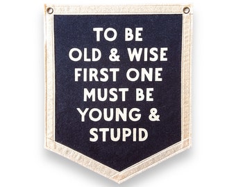 To be Old and Wise, first one must be Young and Stupid | Felt Pennant Flag Banner | Vintage Banner | Wall Decor | Wall Hanging