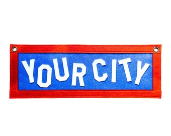 Custom Applique Felt COUNTRY / CITY / STATE Doorway Banner | 7 x 20 inch | Felt Pennant Flag Banner | Vintage Banner | Wall Decor