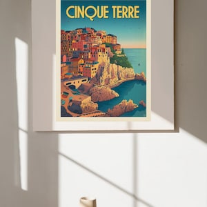 Cinque Terre Italy Travel Poster – Vintage Style Coastal Wall Art, Italian Riviera Print, Colorful Europe Decor, Mediterranean Landscape Ill