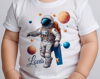 T-Shirt Kinder Personalized Birthday Name Shirt Birthday Child Boy Girl Kinder Toddler Astronaut and planets