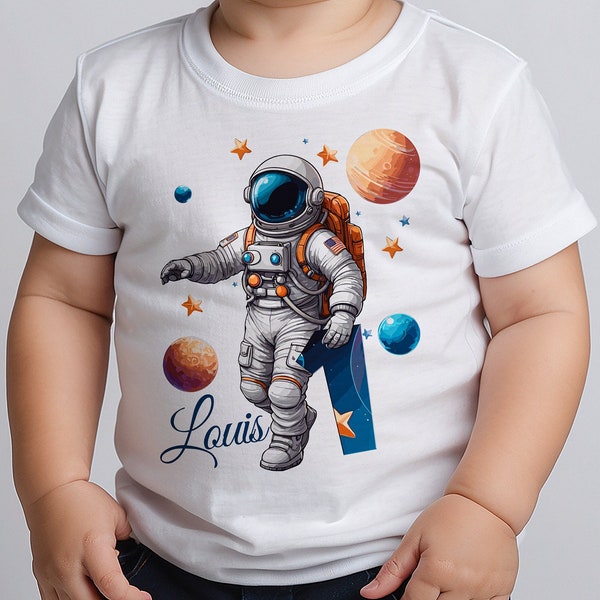 T-Shirt Kinder personalisiert Geburtstag Name Shirt Geburtstagskind Junge Mädchen Kinder Kleinkind Astronaut und Planeten