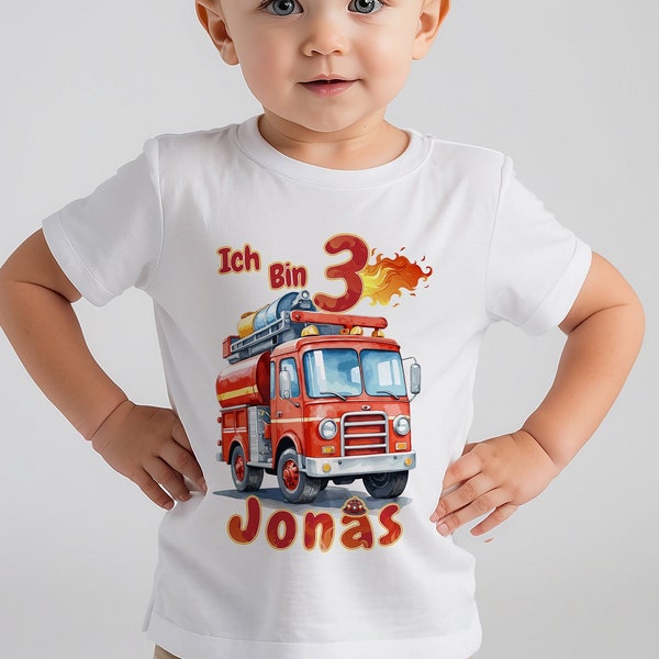 Personalized Firefighter Tshirt for Kids Birthday Name Number Red Firetruck Kinder Feuerwehrmann Jungs Klamotten