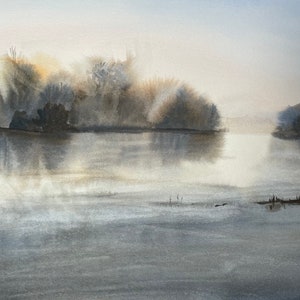 Original watercolour painting Sunrise at the lake signed