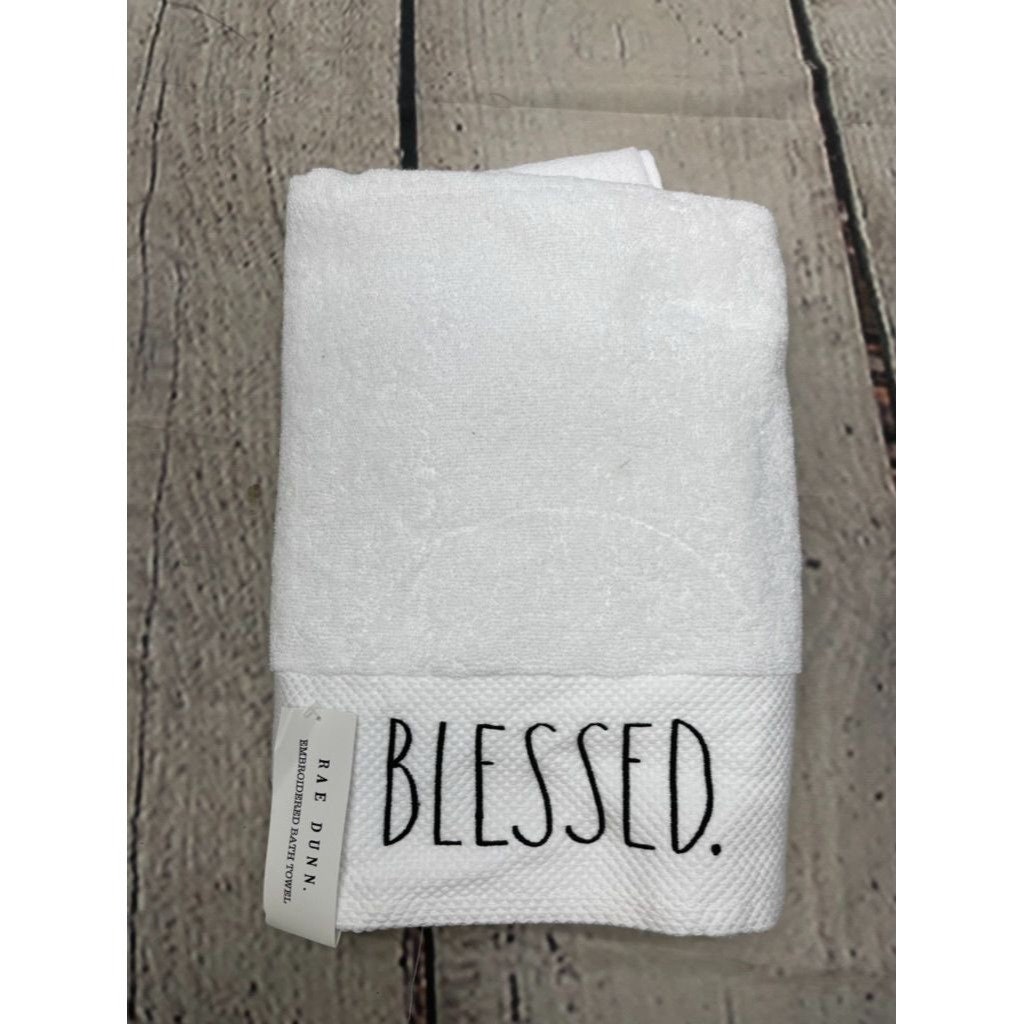 Rae Dunn Embroidered Kitchen Towels Faith & Blessed Set of 2 White NWT