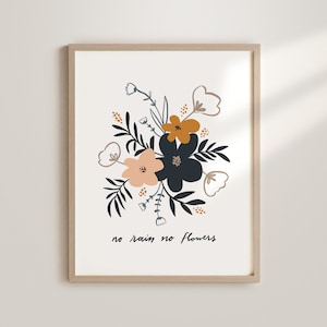No Rain No Flowers Printable Wall Art, Minimal Floral Art Print, Blossom Digital Art Print, Boho Room Decor, Inspirational Quote Wall Art