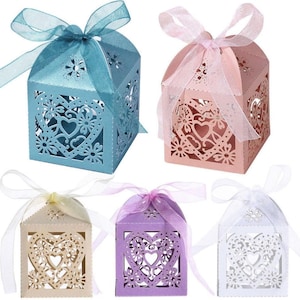 100 scatole regalo di caramelle a forma di cuore cavo tagliato al laser per bomboniere di nozze, colore avorio e bianco