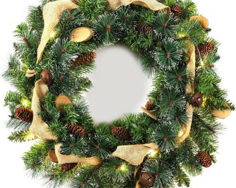 24 inch Christmas Wreath Decorative Christmas With Light Door Winter Pine Cone (Hessian Bell Wood)