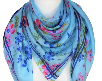 Square Silk Scarf, Pure Silk Scarf, Silk Scarf for Women, Blue Silk Scarf, Floral Silk Scarf.