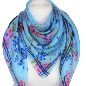 Square Silk Scarf, Pure Silk Scarf, Silk Scarf for Women, Blue Silk Scarf, Floral Silk Scarf.