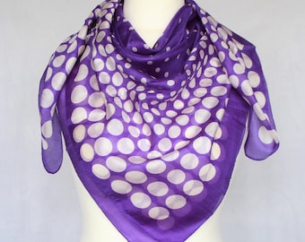 Square Silk Scarf, Pure Silk Scarf, Pure Silk Head Wrap, Purple Silk Scarf, Polka Dot Scarf.
