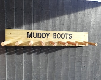 Personalised Welly Rack/ Boot Holder Wall Mounted Wooden MUDDY