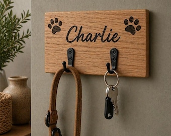 oak Personalized dog lead hook - Dog lead hanger, Pet hook, Custom lead rack, Rustic dog lead hook