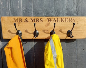Personalised Rustic Wooden Coat Rack With Large Cast Iron Hooks Vintage Handmade Antique Coat Hooks Wall Mounted Oak Wax