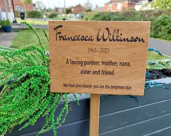 Wooden memorial, grave, cremation, tree marker. With stake to put in the ground.