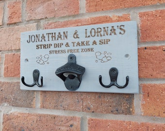 PERSONALISED Grey Hot Tub Sign, Rustic Tiki Bar wooden decoration, towel holder & bottle opener, hooks, goggles, garden, summer house,spa