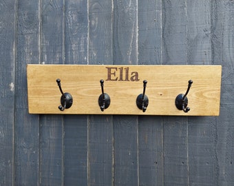 Personalised Rustic Wooden Coat Rack With Large Cast Iron Hooks Vintage Handmade Antique Coat Hooks Wall Mounted Oak Wax
