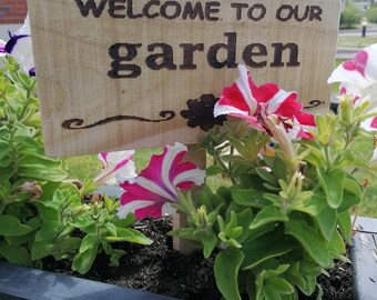 Personalised wooden garden signs plaque with a 25cm ground stake  (in option with or without