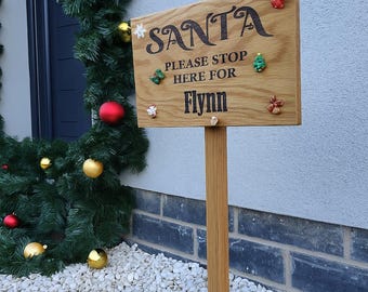 Personalised Solid Oak High Quality laser Engraved Christmas hanging sign,Santa please stop here sign,