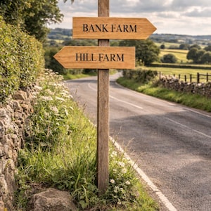 May include: A vertical wooden post with two horizontal arrow-shaped signs attached. The top sign reads BANK FARM and the bottom sign reads HILL FARM in black lettering. The signs are made of light brown wood with a visible grain texture.